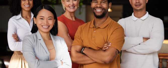 Portrait, smile and group of business people with arms crossed for career pride. Teamwork diversity.